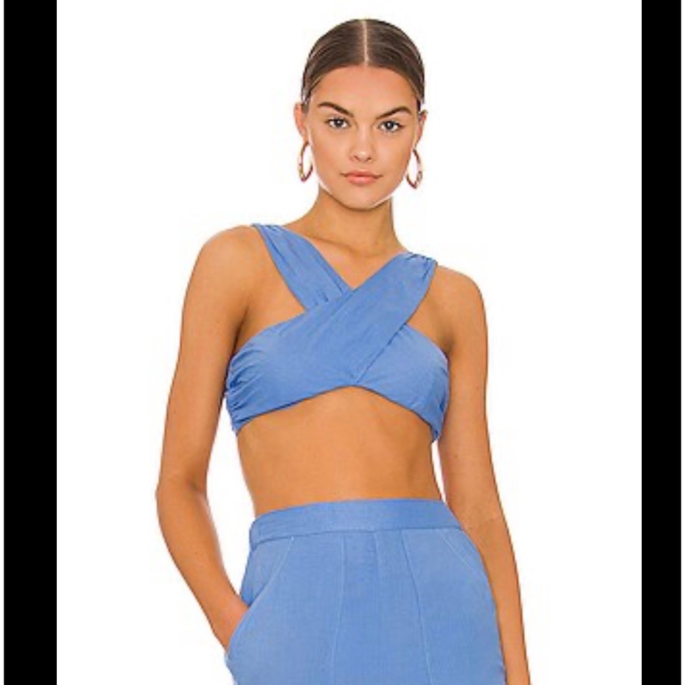 Revolve Tularosa Kendra Wrap Halter Crop‎ Top Women XL Blue Back Tie Linen Blend
